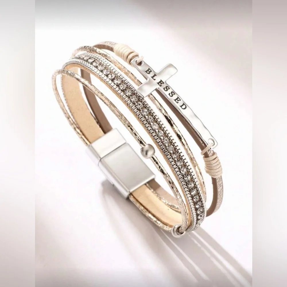 Elegant Silver and Cream Blessed Cross Bracelet NWT